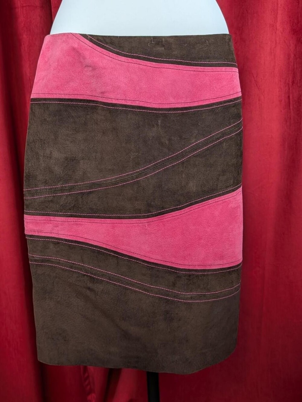 Etcetera Dark Brown & Pink 100% Suede Patchwork Pencil Skirt